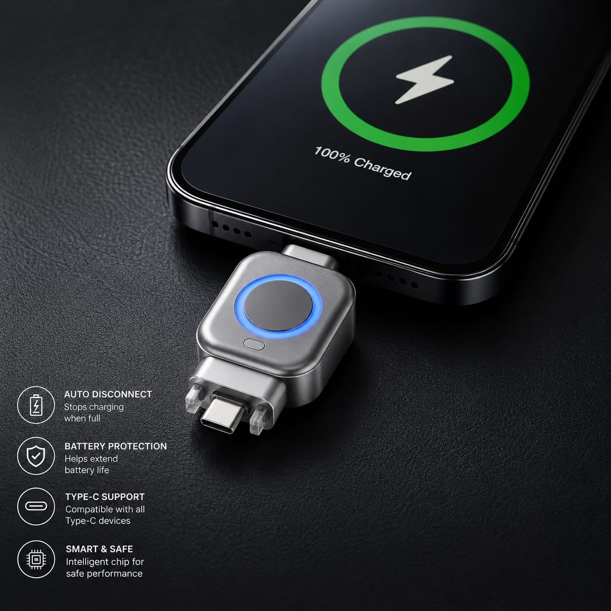 Auto Disconnect Charging Adapter in Silver and Black finishes