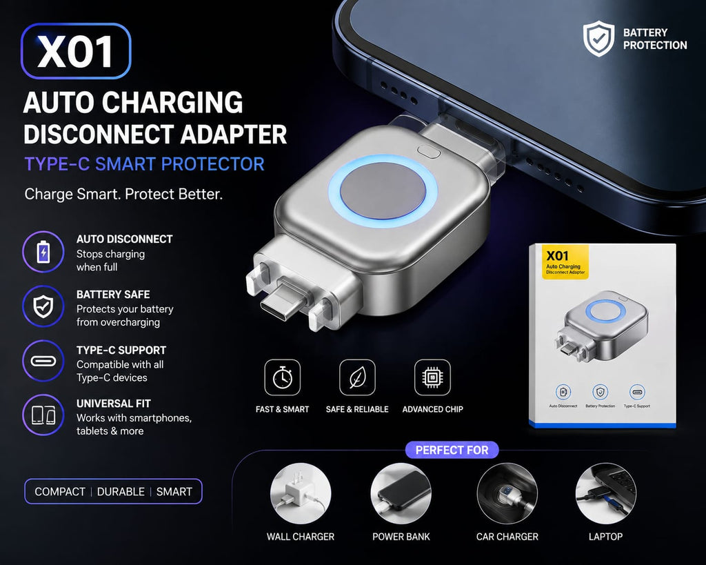 Auto Disconnect Charging Adapter connected in line between a charger and a USB-C cable