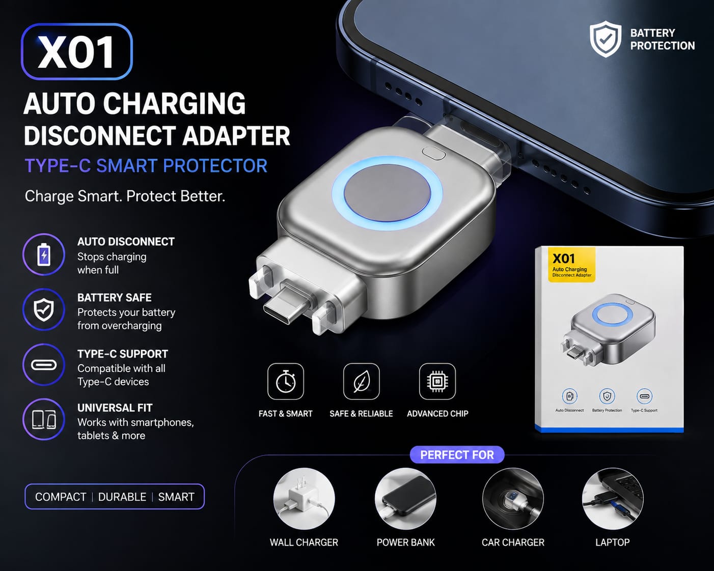 Auto Disconnect Charging Adapter connected in line between a charger and a USB-C cable