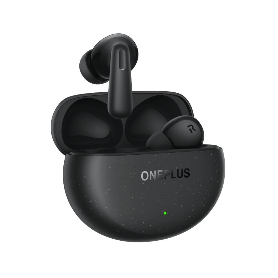 OnePlus Nord Buds 3 Pro Starry Black earbud and open charging case, angled view