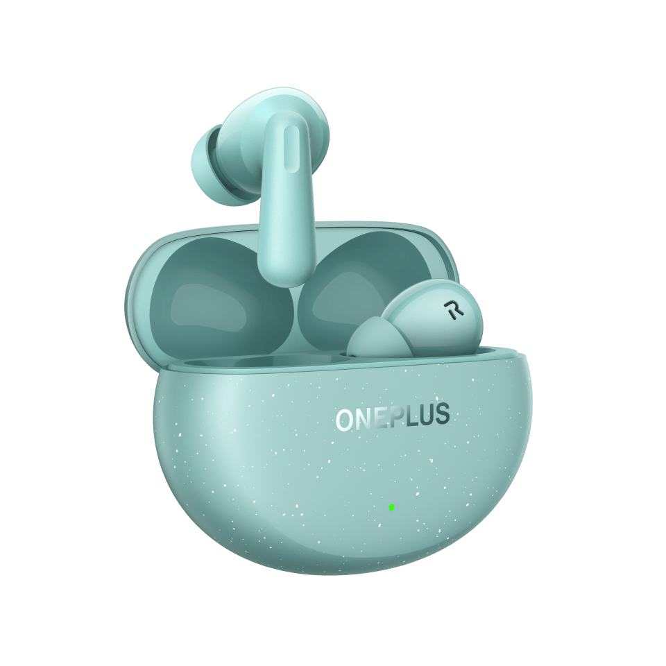 OnePlus Nord Buds 3 Pro Soft Jade earbud and open charging case, angled view