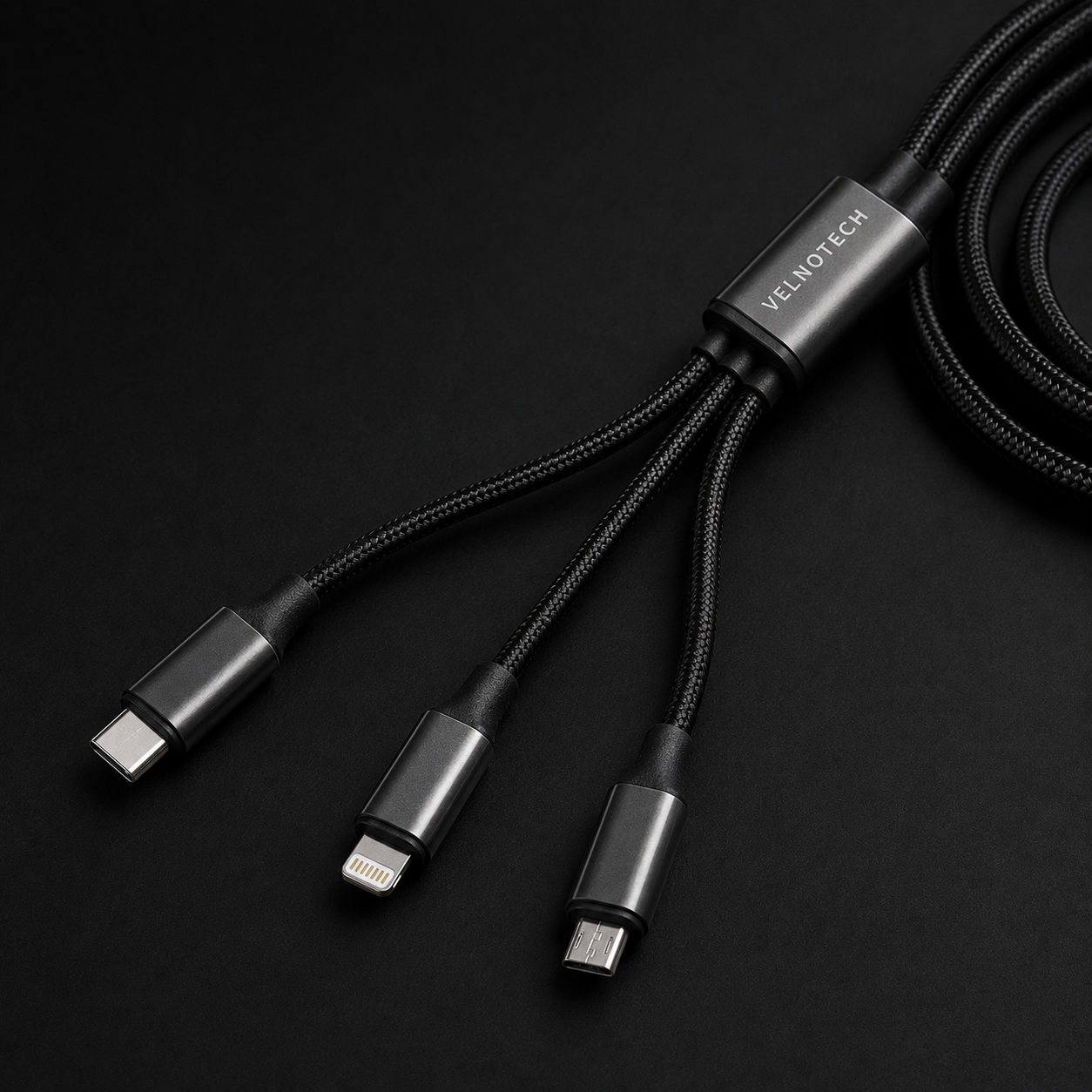 Velnotech 3-in-1 Braided Charging Cable – USB-C, Lightning & Micro-USB Universal Cable