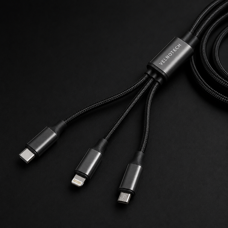 Velnotech 3-in-1 Braided Charging Cable – USB-C, Lightning & Micro-USB Universal Cable