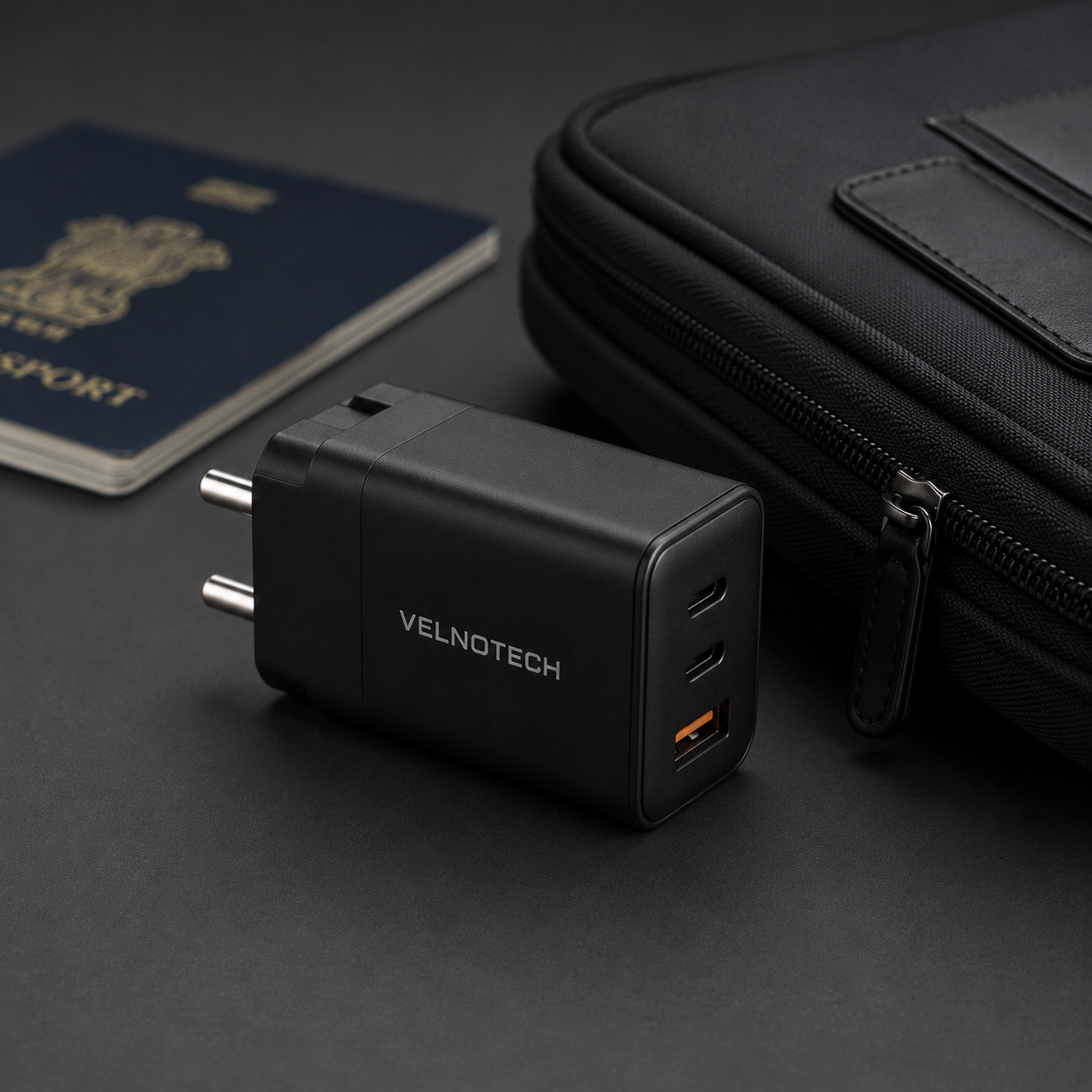 Velnotech 67W GaN 3-Port Travel Charger – 2× USB-C + USB-A Fast Charger