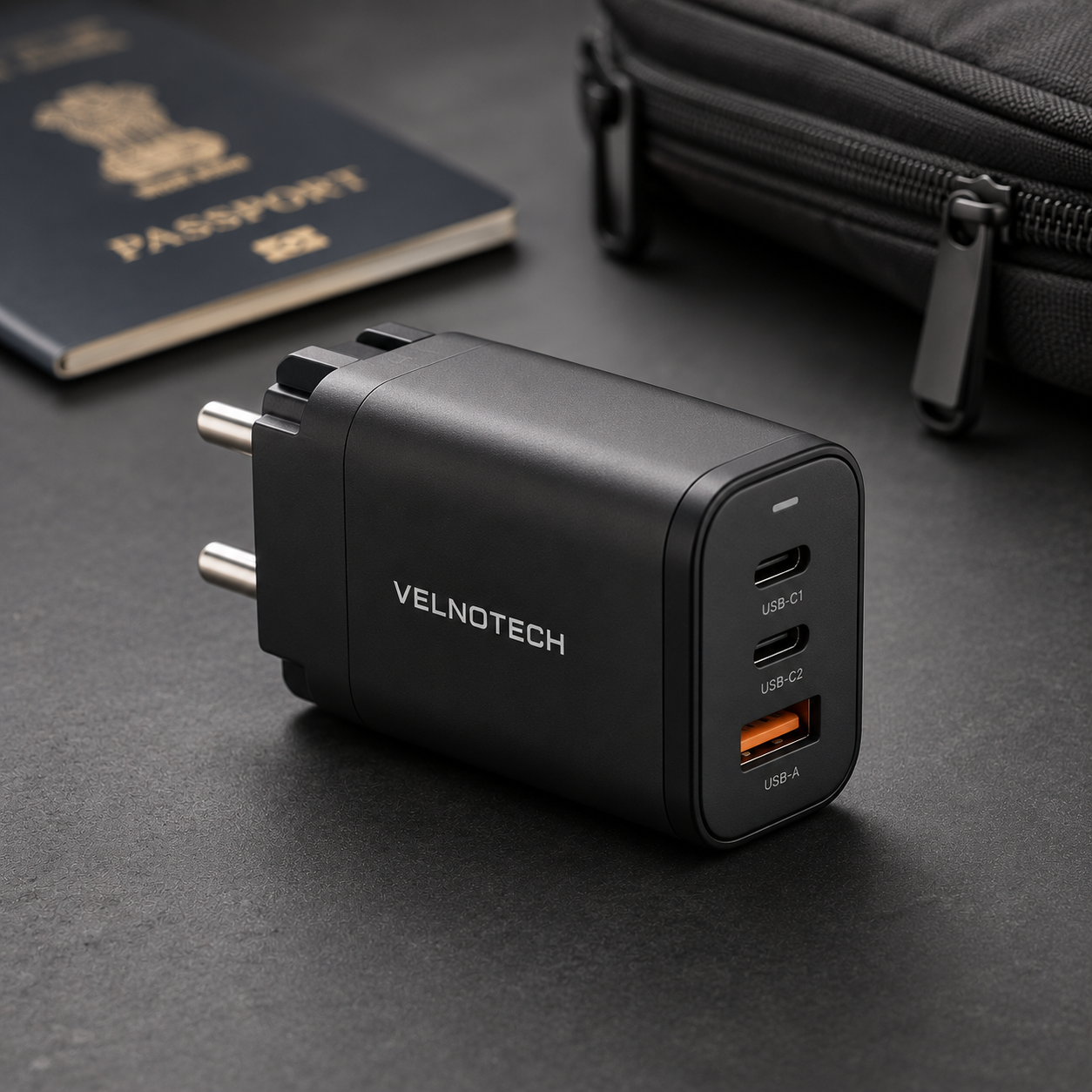 Velnotech 67W GaN 3-Port Travel Charger – 2× USB-C + USB-A Fast Charger