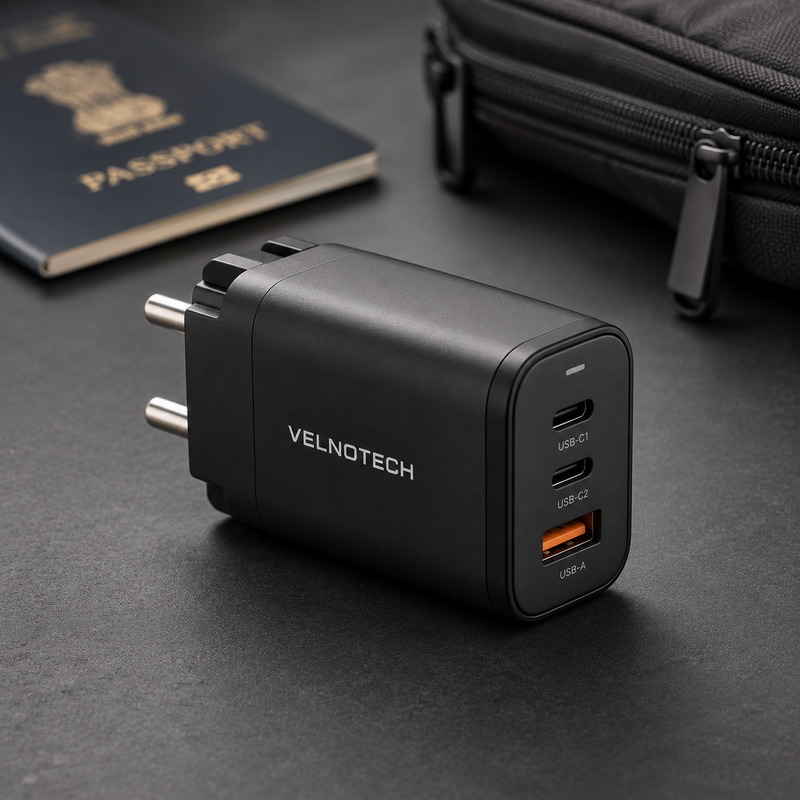 Velnotech 67W GaN 3-Port Travel Charger – 2× USB-C + USB-A Fast Charger